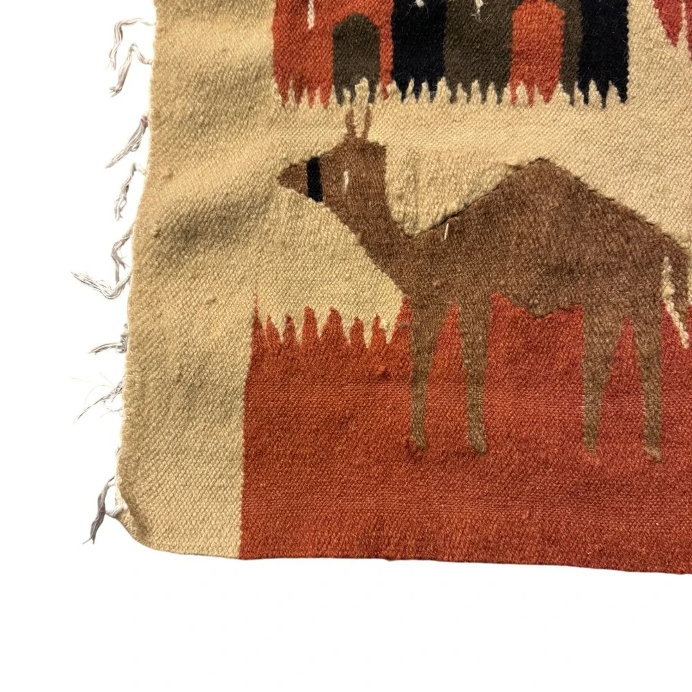 Vintage Egyptian Wool Tapestry Camel Caravan‎ Oasis Handwoven Wall Hanging 42x24